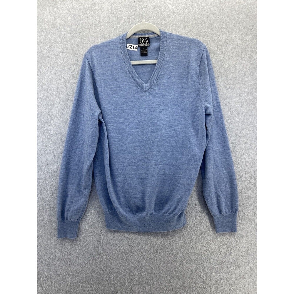 Jos. A. Bank Men's Sweater Pullover Solid Blue V Neck Long Sleeve Large Wool